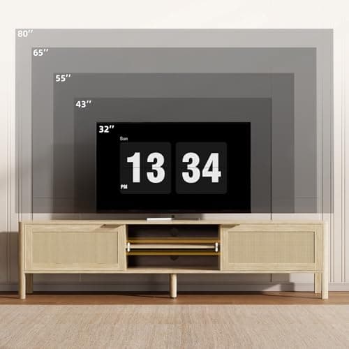 IKALIFE Rattan TV Stand for Living Room - Fits up to 80 Inch TVs, Rattan Media Console Table with Adjustable Shelves & 2 Storage Cabinets, Mid-Century Modern Entertainment Center, Oak 71" - Thumbnail 3