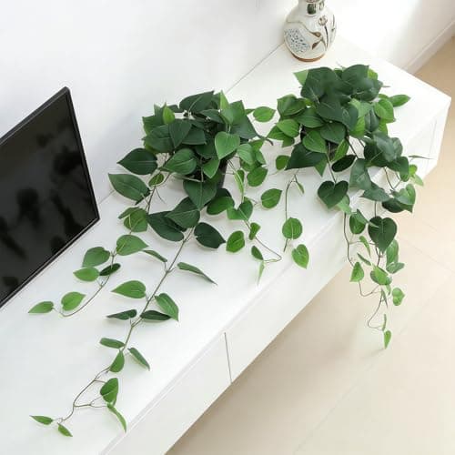 CCPanda Fake Pothos Hanging Plants with Pots, 33.5" Set of 2 Faux Ivy Vines, Realistic Silk Artificial Plants Greenery for Home Indoor Decor, Living Room, Desk Shelf, Bathroom Decoration - Thumbnail 5