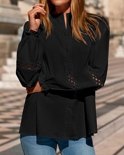 KIRUNDO Going Out Tops for Women 2026 Spring Fashion Boho Cotton Eyelet Long Sleeve Button Up Shirt Lace Dressy Casual Blouse(Black, Medium) - Thumbnail 6