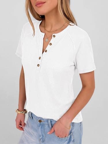ANRABESS Women Waffle Knit Tops Short Sleeve Henley Shirts Dressy Casual Blouse 2026 Spring Fashion Outfits Trendy Clothes White Mediun - Thumbnail 5