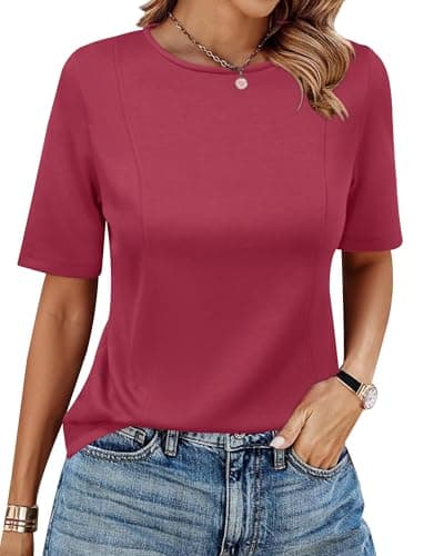 Newshows Womens Summer Tops 2026 Wrinkle-Free Short Sleeve T Shirts Dressy Blouses Work Office Business Casual Outfits(Wine Red,M) - Image 1