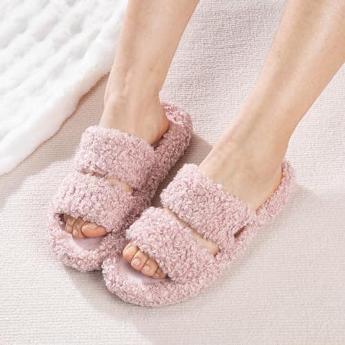 BOVTY Women's Fuzzy Open-toe Bowknot & Double-Strap Slippers, Memory Foam Non-Slip Indoor House Slides - Thumbnail 5