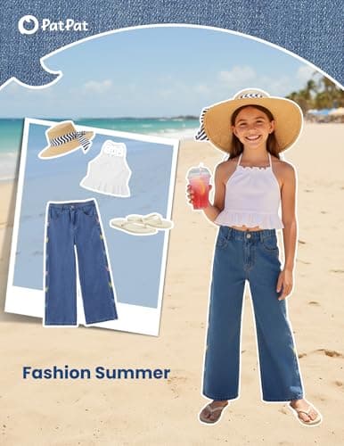 PATPAT Girls Baggy Wide Leg Jeans 5-14Y, Elastic Mid-Wasit Denim Pants with Checkerboard/Butterfly Embroidery for Kids Teens - Thumbnail 5