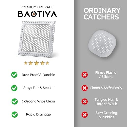 BAOTIYA Not Moving Shower Drain Hair Catcher,Effective Hair Catcher Shower Drain,Square Flat Shower Drain Cover Protector Filter,Efficient Drainage,Hair Trap Stopper (Gray, 4 inch) - Thumbnail 6