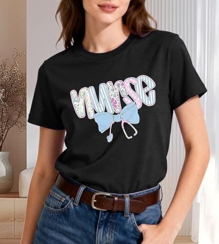Nurse Shirt Women School Nurseing Tshirt-Bow Stethoscope Teet Ops Vintage Floral Nurse Tee B-Black - Thumbnail 3