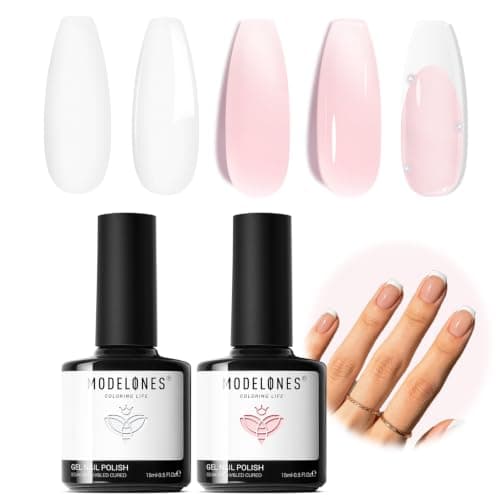 modelones French Manicure Tip Gel Polish Set, 2Pcs 15ML White Nude Pink Gel Nail Polish Jelly Milky Pink White Colors Soak Off U V LED Classic French Nail Kit for DIY at Home Salon for Women - Image 1