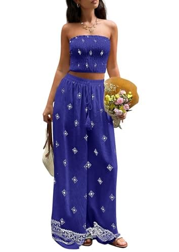 PRETTYGARDEN 2 Piece Sets for Women Summer 2026 Fashion Clothing Boho Tube Tops Wide Leg Pants Cruise Beach Vacation Outfits (Royal Blue,Large) - Image 1