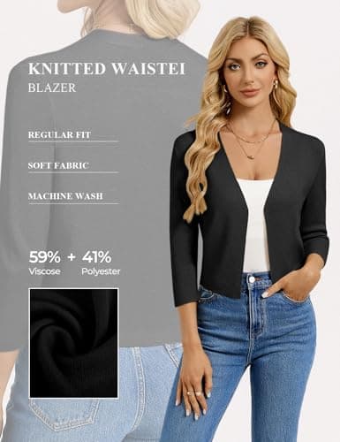 GRACE KARIN Black Blazers for Women Cropped Lightweight Cardigan Sweater 3/4 Sleeve Knit Bolero Shrugs for Dress Summer Fashion - Thumbnail 4