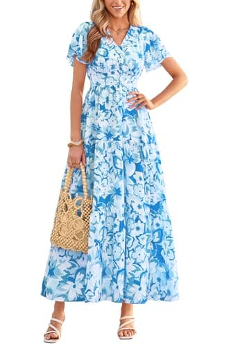 PRETTYGARDEN Women Summer Maxi Dresses 2026 Short Sleeve V Neck Button Floral Tiered Flowy Boho Sundress Beach Outfits(Blue Floral,Small) - Image 1