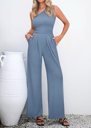 KIRUNDO One Shoulder Jumpsuits For Women Dressy Summer Formal One Piece Ribbed Wide Leg Romper Pockets Cocktail Party Outfits(Dusty Blue, X-Large) - Thumbnail 6