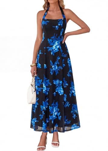 KIRUNDO Women's Summer Sleeveless Halter Floral Maxi Dress 2026 Beach Wedding Guest Cocktail Mesh Flowy A Line Long Sundress(Black, Medium) - Image 1