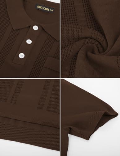 GRACE KARIN Mens Retro Polo Shirt Short Sleeve Coffee Knit Polo Shirts Casual Breathable Waffle Texture Knitted Polo Shirts L - Thumbnail 6