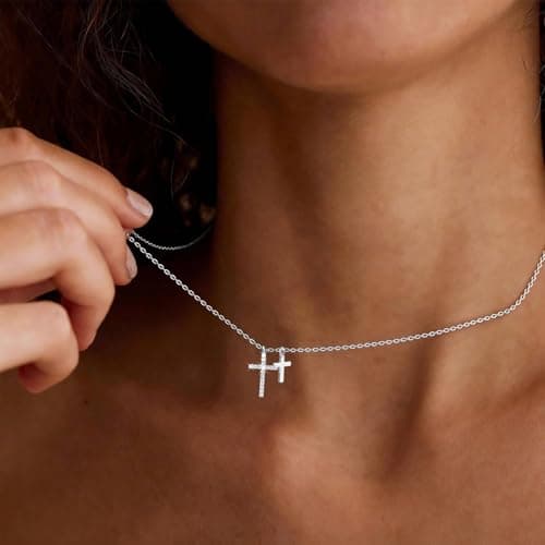 Gold Cross Necklace for Women - 14K Gold Plated Dainty Double Cross Pendant Necklace, Cute Cubic Zirconia Cross Charm Necklaces Faith Trendy Jewelry Birthday Easter Religious Christian Gift for Her - Thumbnail 2