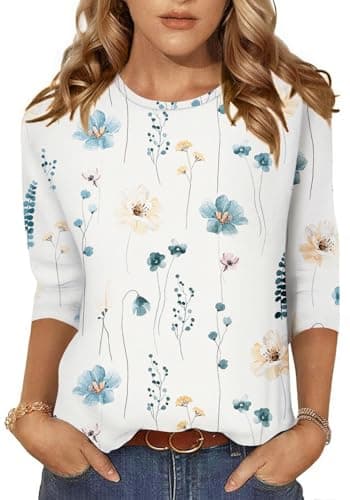 NORACORA Women's 3/4 Length Sleeve Crew Neck T-Shirt - Printed Casual Basic Tops - Image 1