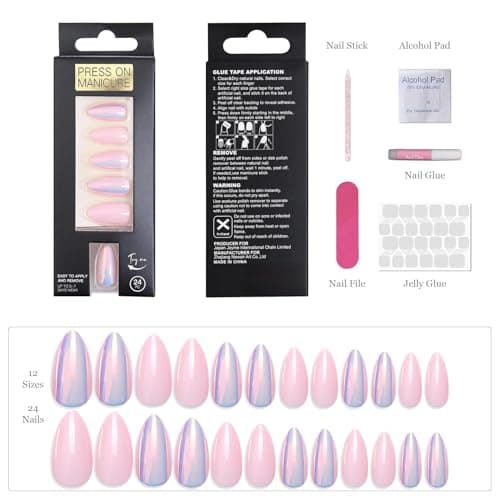 Acrylic Press On Nails Almond - Iridescent Pink Glow False Nails Elegant Durable Salon Quality for Work or Date, 24 Nails in 12 Sizes with Glue, Tabs, File, Prep Pad, Stick - Thumbnail 4