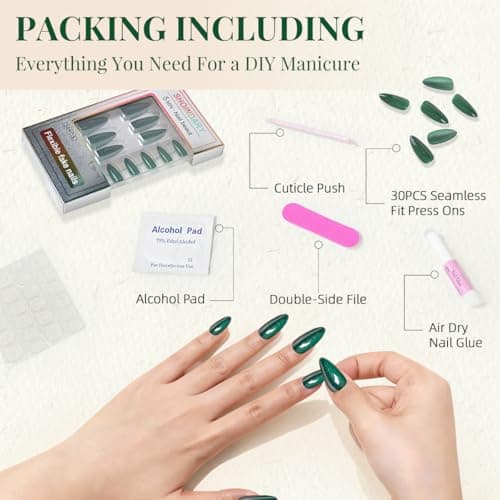 Green Cat Eye Press on Nails Almond Medium Fake Nails Sparkly Glitter Black False Nails Press ons Designs Gradient Gel Glue on Artificial Nails for Women Manicure 30Pcs - Thumbnail 4