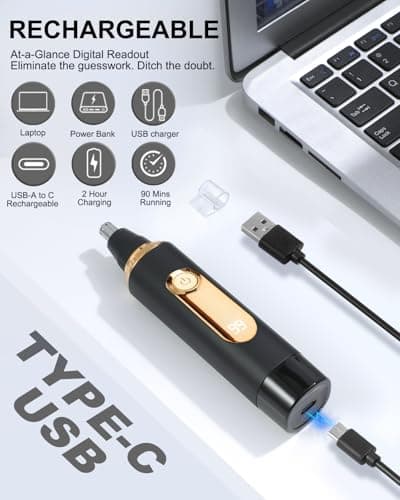 RAXMETRY Nose Hair Trimmer for Men and Women,2026 Professional Painless IPX7 Waterproof Eyebrow & Facial Hair Trimmer,USB Rechargeable with LED Display Dual-Edge Blades for Smoother Cutting,BlackGold - Thumbnail 4