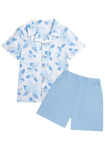 Dolxico Toddler Baby Boy Outfits Summer Clothes Infant Boys Print Pattern Short Sleeve Button Down Shirt & Elastic Waist Casual Beach Shorts Set with Pockets 12-18 Months Light Blue - Image 1