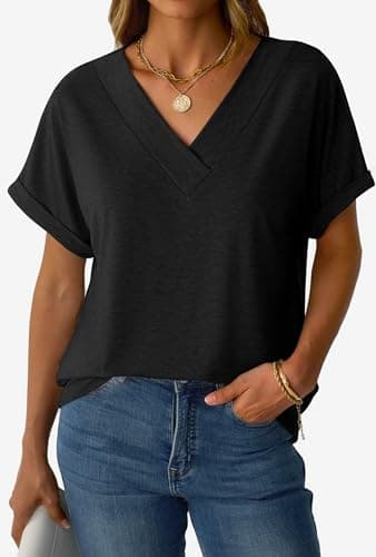GKBK Womens Short Sleeve T Shirts V Neck Loose Fit Shirts Summer Casual Basic Tee Tops Black M - Thumbnail 5