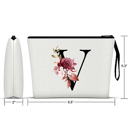 Vavabox A-Z Personalized Makeup Bag, Birthday Gifts for Women Mom, Gifts for Best Friend, Bride Bridesmaid Cosmetic bag (V, White) - Thumbnail 2