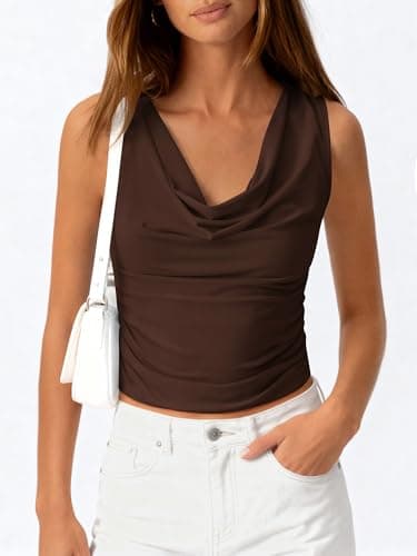 BTFBM Cowl Neck Tops for Women 2026 Sleeveless Going Out Business Casual Tank Top Spring Summer Outfits Fashion Clothing(Brown, Small) - Thumbnail 2