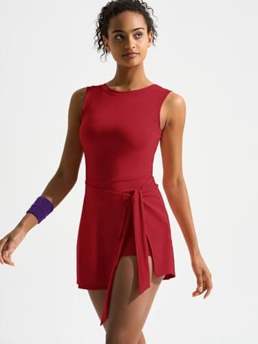 Dokuritu Tennis Dresses for Women Sleeveless Crew Neck Knot Romper Built in Shorts U-Shaped Back Workout Athletic Dress Red - Thumbnail 5