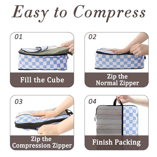 U+U 10 Set Compression Packing Cubes - Ultralight Travel Organizers with Laundry Bag and Cosmetic Bag, Space-Saving Suitcase Organizer for Travel, Business Trip and Family Vacation (Blue Checkered) - Thumbnail 6