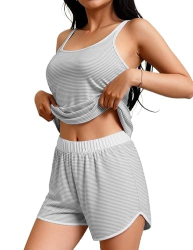 JUSTFASHIONNOW 2 Pieces Womens Striped Tank Top Pajamas Set Soft Sleepwear Sleeveless Cami and Shorts Summer Loungewear Pjs Set(Gray,XX-Large) - Image 1