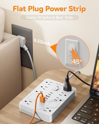 Bawmwim Surge Protector Power Strip - 8 Outlets(1850W/15A) with 6 USB Ports（2 USB C, 6FT Flat Plug Extension Cord, Wall Mount Multi Plug Outlet Extender, ETL Listed for Home, Dorm Room, White - Thumbnail 5
