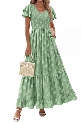 dowerme Maxi Dresses for Women 2026 Summer Ruffle Sleeve V Neck Smocked A Line Floral Boho Tiered Sundress Spring Outfit(Green,Large)