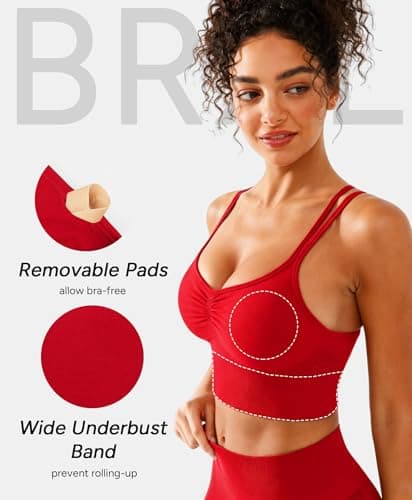BRXL Lycra Strappy Ruched Sports Bra for Women Breathable Seamless Criss Cross Back Light Support Padded Bras Exercise Yoga Red S - Thumbnail 2