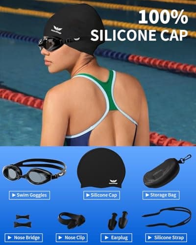 AzureWings Swim Goggles + Swim Cap Women Men Adult Kit, Anti-Fog UV No Leak - Upgraded HD Racing Goggles Swimming for Men & Women, Black-Smoke + Cap - Thumbnail 3