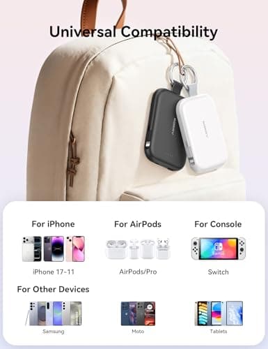 RORRY Portable Charger, 5000mAh Portable Charger Power Bank with Built-in Cables, Travel Keychain Charger Battery Pack for iPhone 17/16/15/14/13/12, for AirPods 2/3/4/Pro, Black - Thumbnail 5