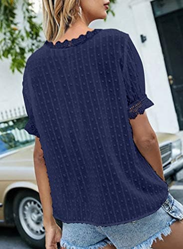 Dokotoo Womens Tops Dressy Casual Summer Tops for Women 2026 Summer Sexy Lace Crochet V Neck Short Sleeve Pom Pom Boho Shirts Casual Loose Solid Chiffon Womens Blouses Blue S - Thumbnail 2