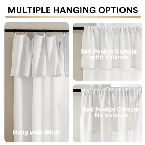 PrinceDeco Linen Curtains with Attached Valance for Living Room 95 inch Length 2 Panels Set,Light Filtering Farmhouse Curtains for Bedroom Privacy Window Treatment Not See Through,W52 x L95, White - Thumbnail 2