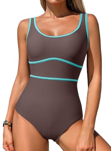 Dokotoo One Piece Swimsuit Women Criss Cross Back Color Block Bathing Suits Athletic Modest Swimwear Slimming Athletic Swim Suit Purple Medium - Image 1