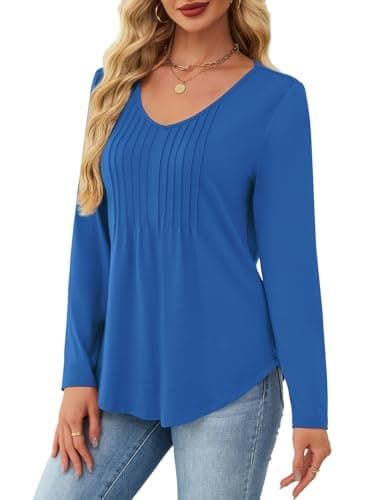 JUSTFASHIONNOW Winter Clothes for Women 2025 Pleated Blue Long Sleeve Women's Tops V Neck Loose T-shirt Blusas Casuales de Mujer Bonitas Fall Clothes (Blue, XX-Large) - Thumbnail 2