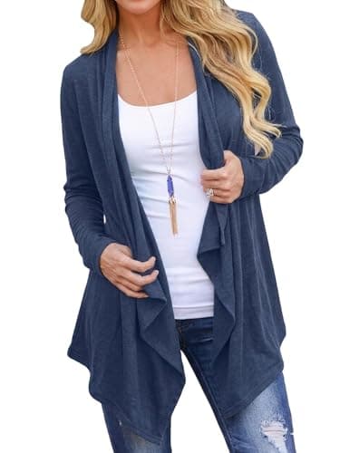 DEARCASE 3/4 Sleeve Cardigan for Women Lightweight Shawl Sweaters Plain Navy Blue Medium Flowy Ladies Open Front Draped Kimono Cover Up Shrug Thin Duster Summer Fall Trendy Cardigans Jackets - Image 1