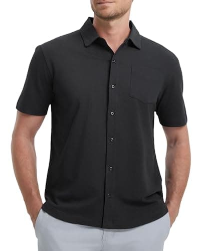 M MAELREG Mens Short Sleeve Button Down Shirt Pique Performence Business Cotton Blend Casual Fitted Shirt for Men Black - Image 1