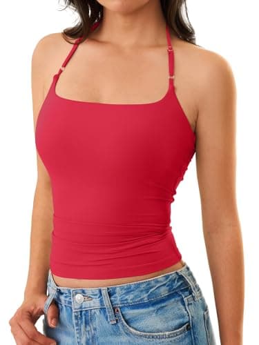 GKBK Women's Halter Tank Top Backless Double Lined Y2k Trendy Going Out Sexy Summer Camisole Crop Tops 2026 Red S - Thumbnail 2