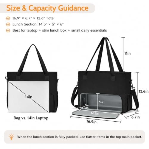AHHZOOPLL Work Lunch Tote Bag for Women with 15.6" Laptop Compartment, Soft Structured Polyester Teacher Tote Bag with Insulated Lunch Compartment for Office, Nurse, Teacher, Daily Commute, Black - Thumbnail 3