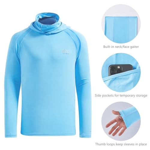 UVSAI Men’s UPF 50+ Hoodie Shirt with Mask Long Sleeve Permanent UV Sun Protection Neck Gaiter Performance T for Outdoor Sky Blue - Thumbnail 5