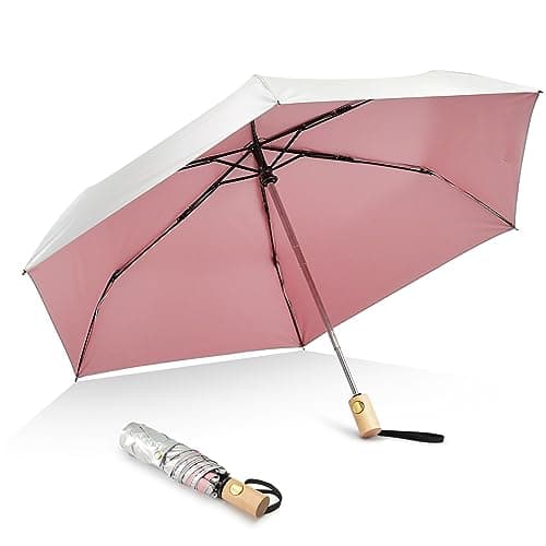 G4Free UPF 50+ UV Protection Travel Umbrella with Wooden Handle, 42 Inch Lightweight Sun Rain Folding Umbrellas Auto Open Close (Pink) - Image 1