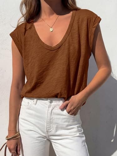 BTFBM Womens Tops Going Out Casual Oversized Summer Basic Tees 2026 V Neck T Shirts Trendy Blouse(Light Brown,Medium) - Thumbnail 5