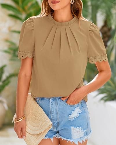 BTFBM Women Blouses Dressy Casual 2026 Summer Tops High Neck Lace Trim Short Sleeve Business Work Shirts Spring Clothes(Light Khaki, XX-Large) - Thumbnail 4