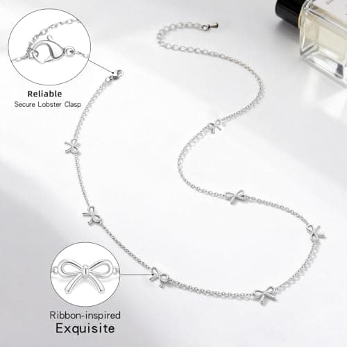 BOLAGTIER Dainty 7-Bow Necklace: 14K Gold Plated Minimalist Adjustable 17.7”+2” Stainless Steel Choker | Trendy Ribbon-Inspired Design, Simple Chain Jewelry Gift for Women (Silver) - Thumbnail 4