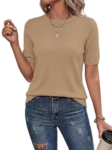 BTFBM Summer Tops Short Sleeve Sweater for Women Crew Neck Lightweight Knit Pullover Loose Dressy Casual Blouse Clothing(Khaki, XX-Large) - Image 1
