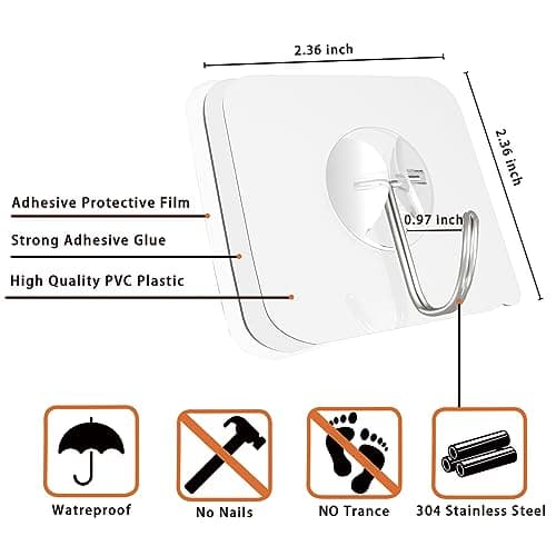 Latoxcaa Heavy Duty Adhesive Wall Hooks - Strong & Transparent, Hold up to 22lb, Waterproof & Reusable, Ideal for Kitchen, Bathroom, and Office (10 Pack) - Thumbnail 3