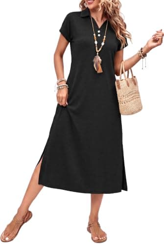 BEXIBOOM Women's Maxi Dress with Sleeves, Summer Casual Cap Sleeve V Neck Collared Shirt Dress with Pockets, Side Slit Long Vacation Beach Dress Black-XL