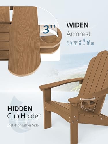 LUE BONA Wood-Grain HDPE Adirondack Chairs Set of 4 - Weather Resistant Seating with Cup Holder for Patio, Fire Pit, Deck & Vacation Rental, Brown - Thumbnail 3